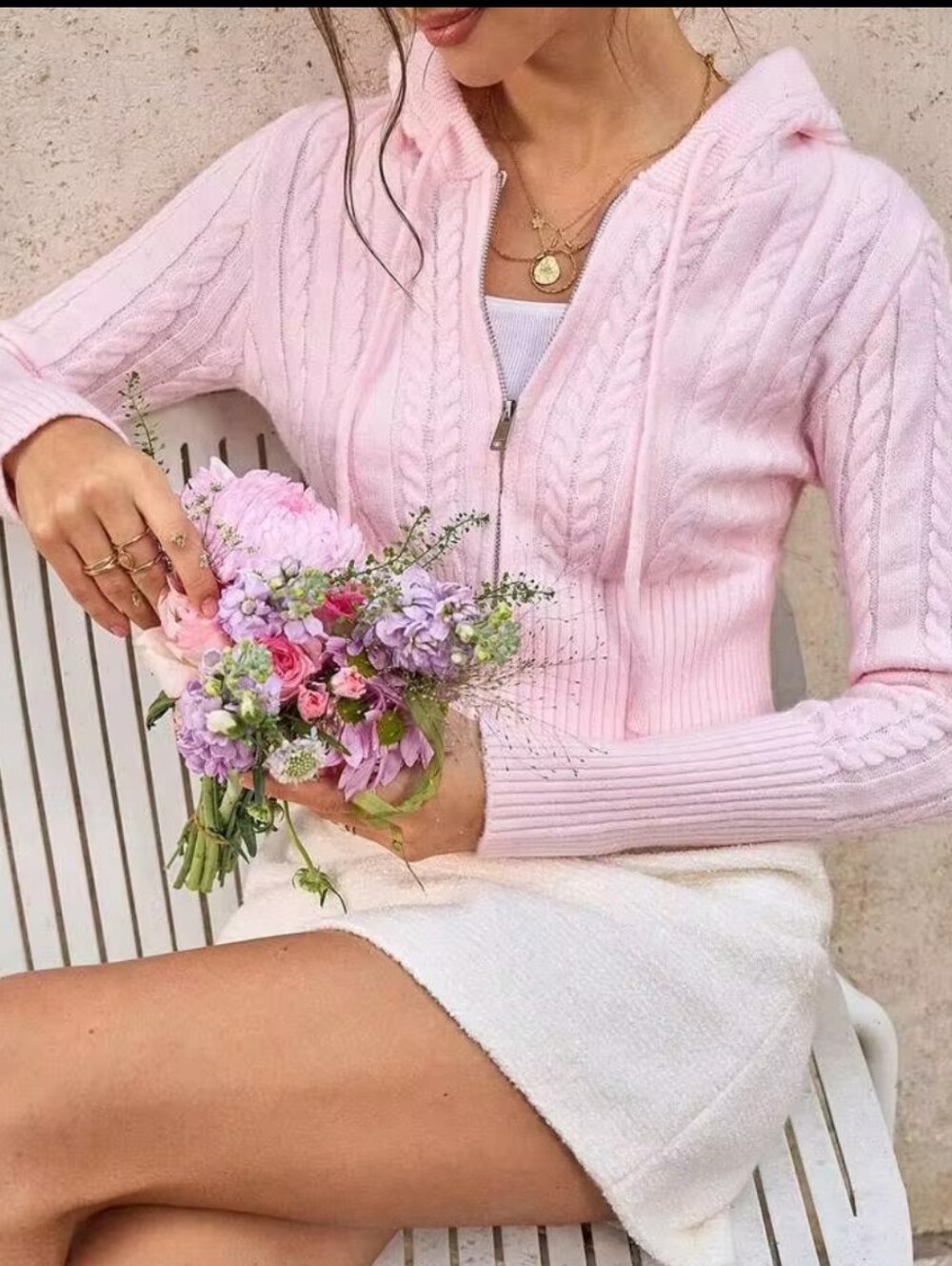Stella Tweed Pink Cable Knit Zip-Up Hoodie Sweater Y2K